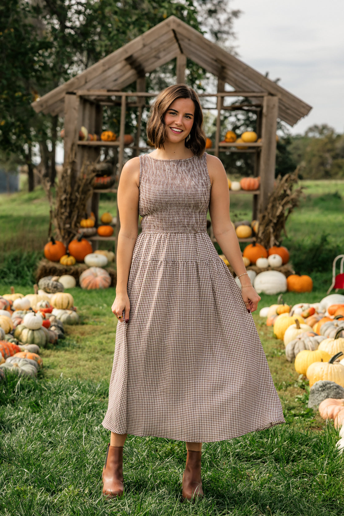 Callum Gingham Tiered Midi Dress | Brown