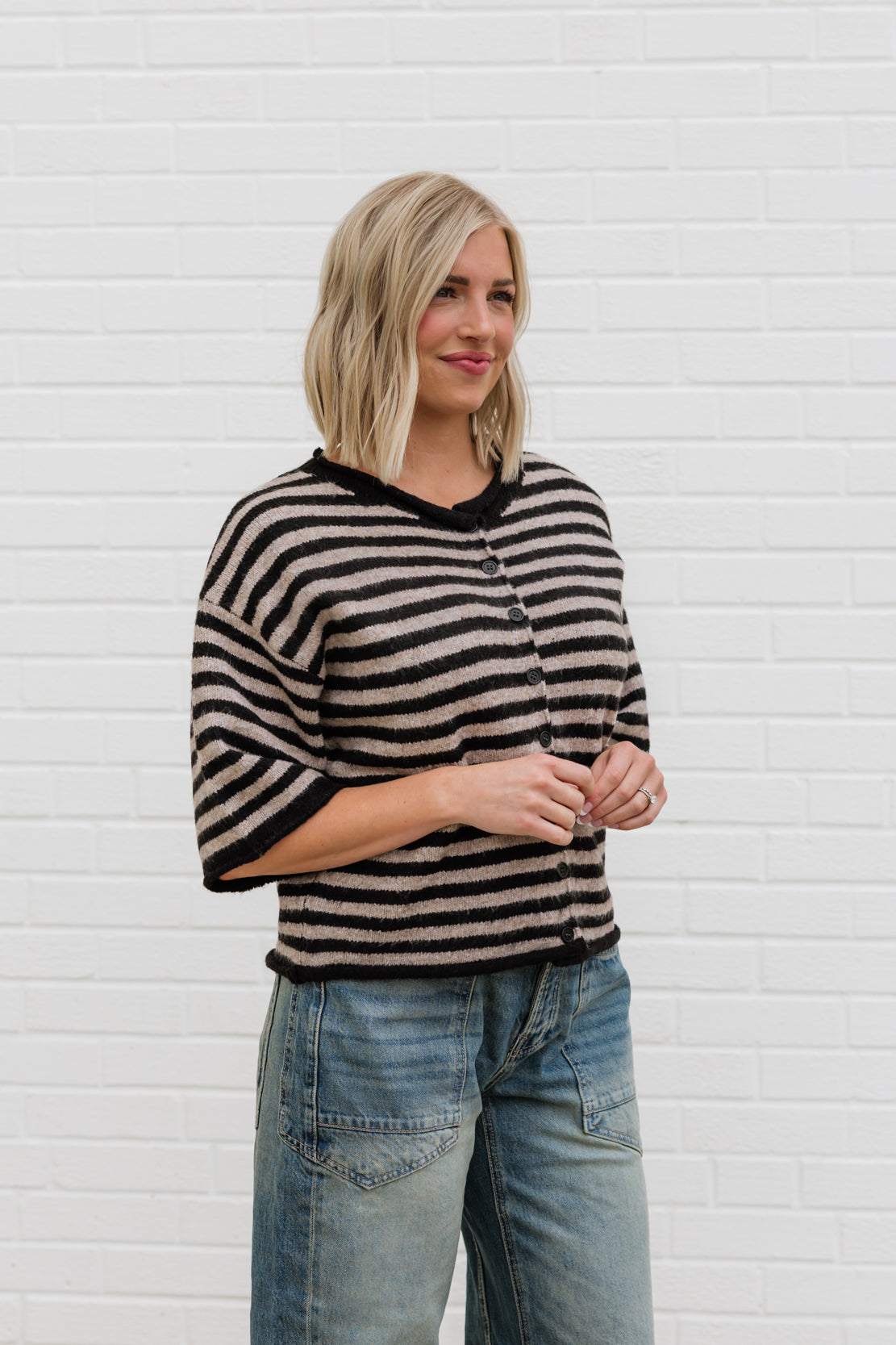 Kelsey Striped Quarter Sleeve Cardi | Black Taupe