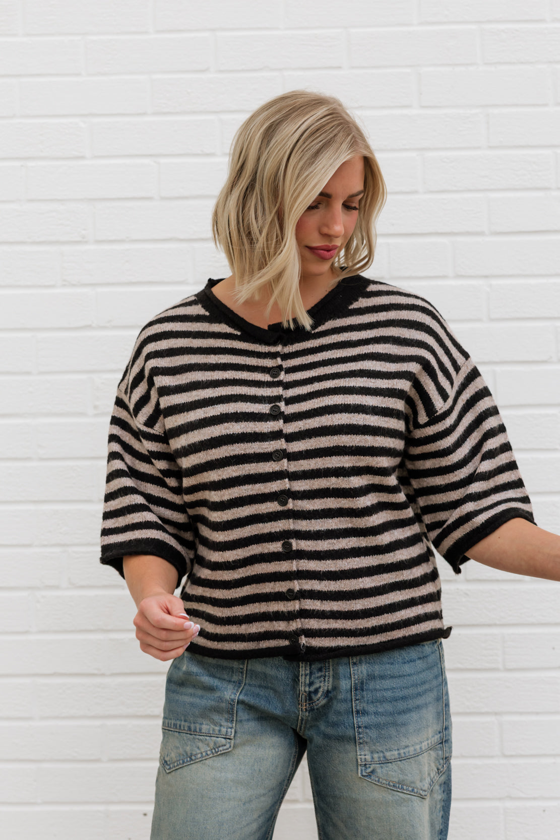 Kelsey Striped Quarter Sleeve Cardi | Black Taupe