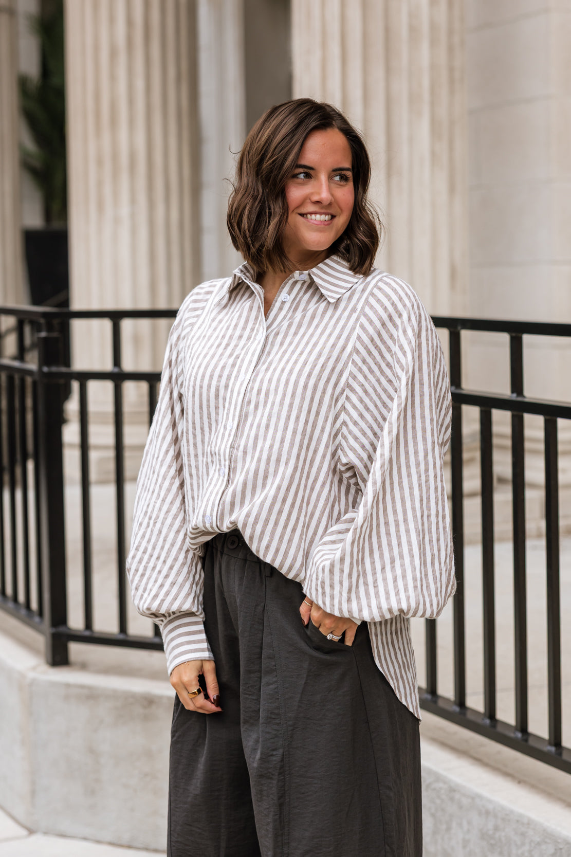 Mandy Striped Button Down Shirt | Mushroom