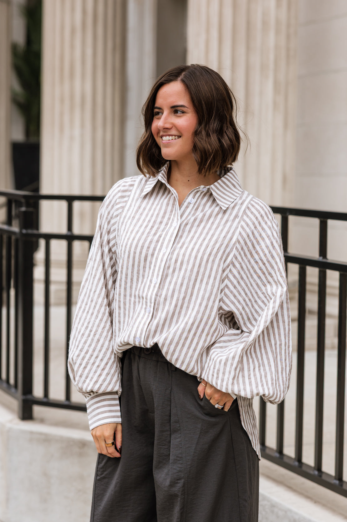 Mandy Striped Button Down Shirt | Mushroom