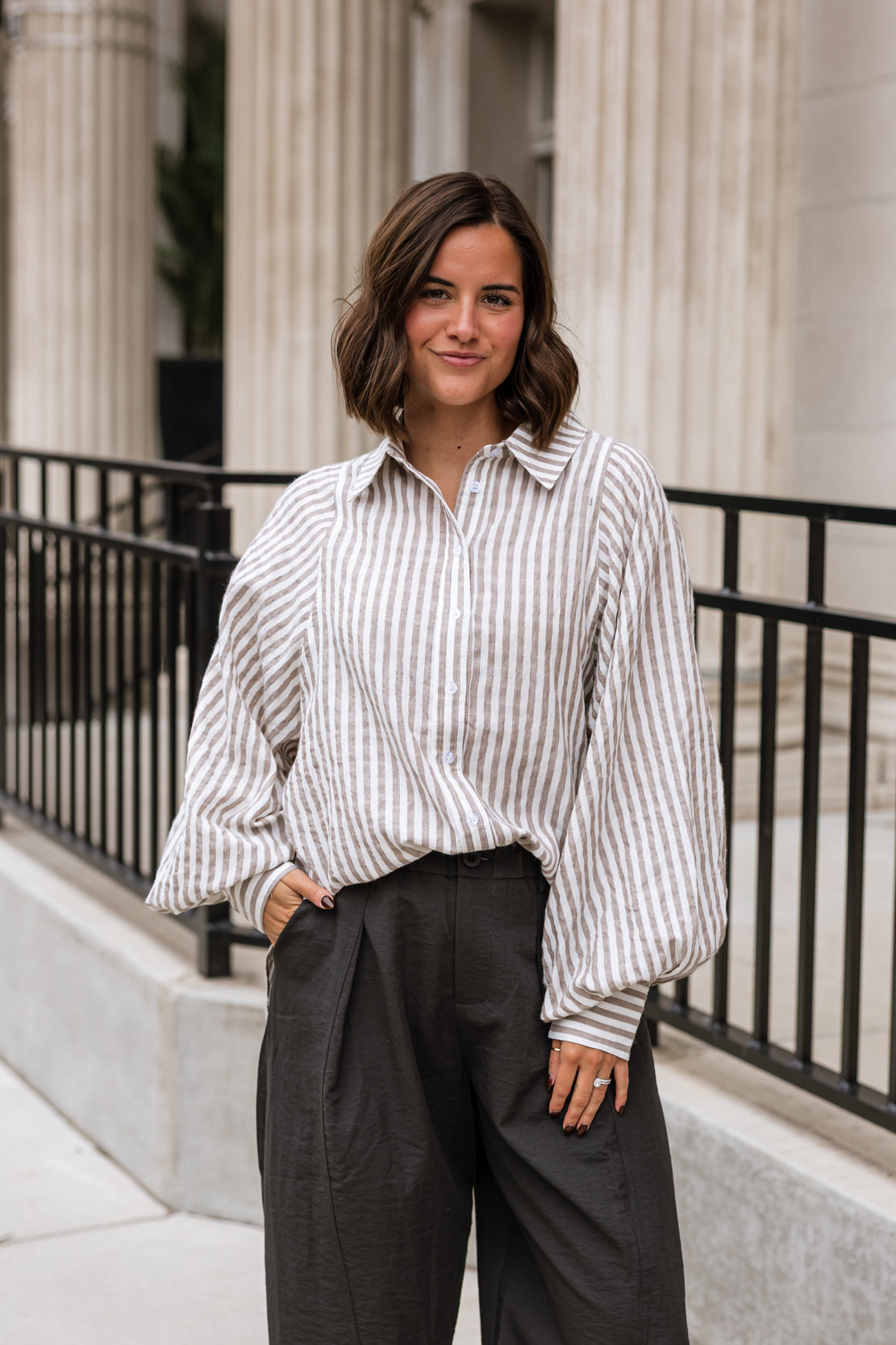 Mandy Striped Button Down Shirt | Mushroom