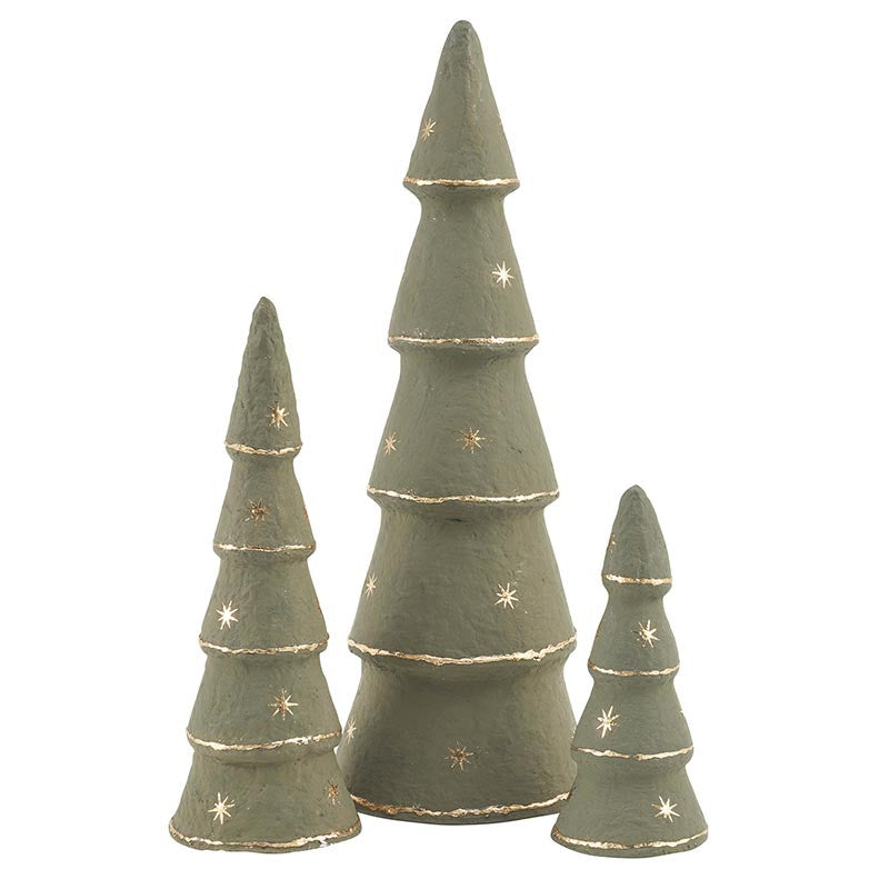 P5724 Papermache Tree Set of 3 | Forest Green Gold Stars