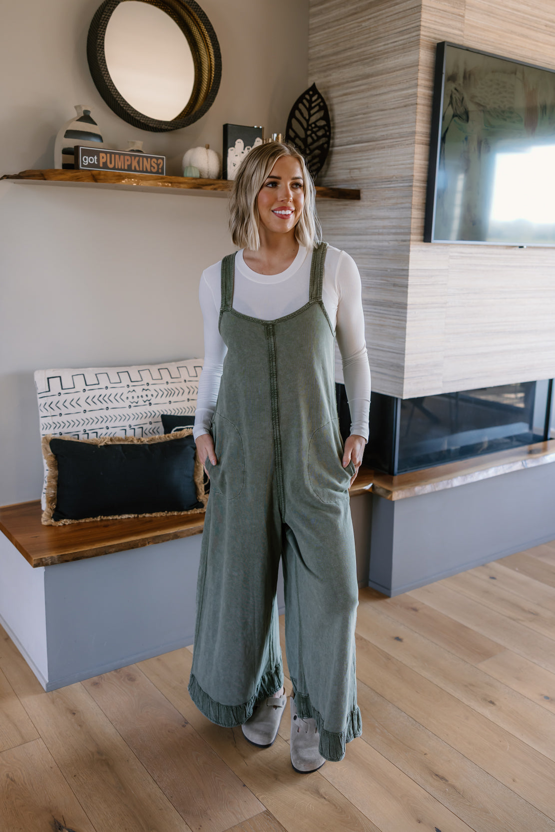 Mckenna Mineral Wash Wide Leg Jumpsuit | Light Moss