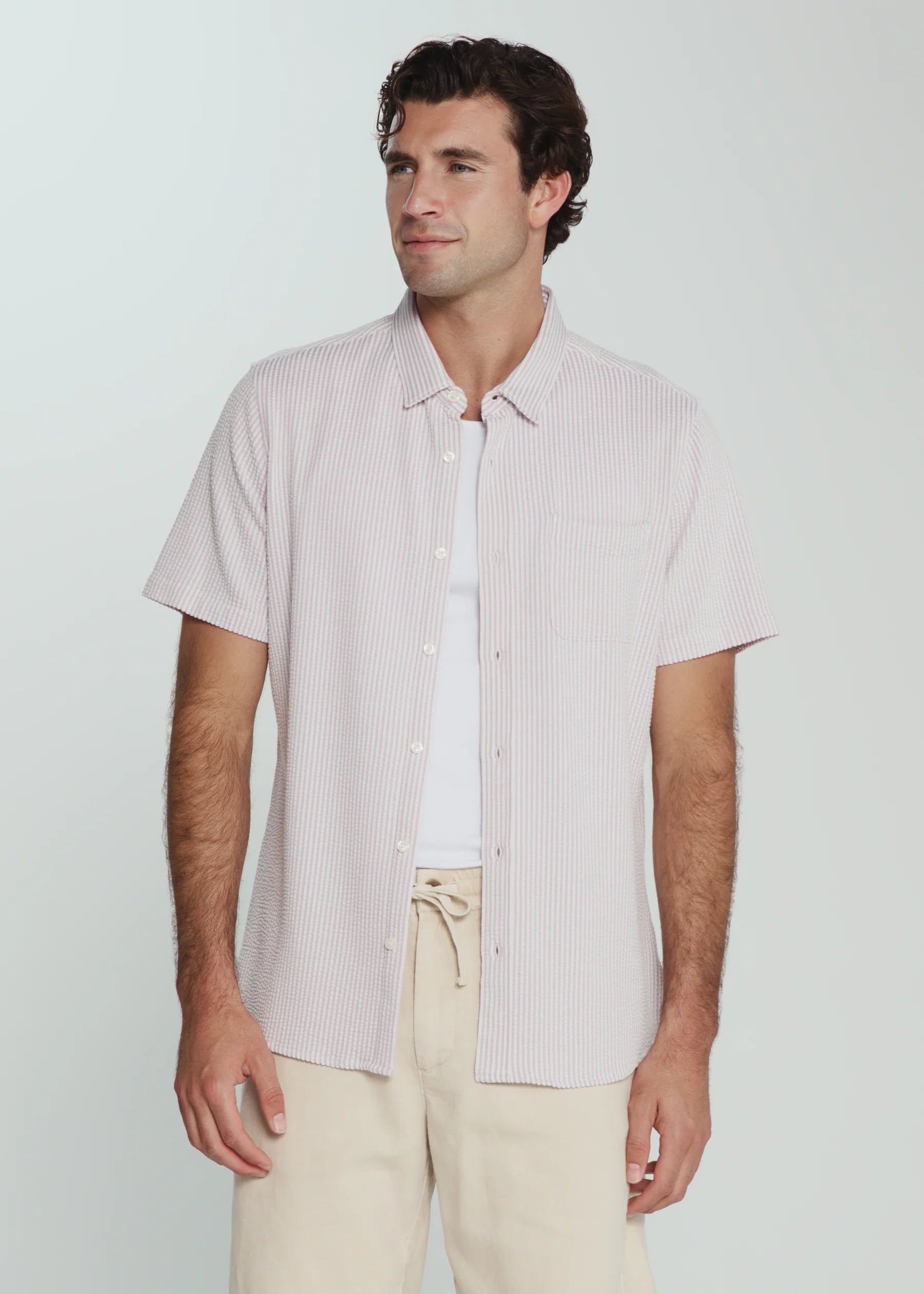 Keaton Seersucker Stretch Short Sleeve Shirt | Stone Rose