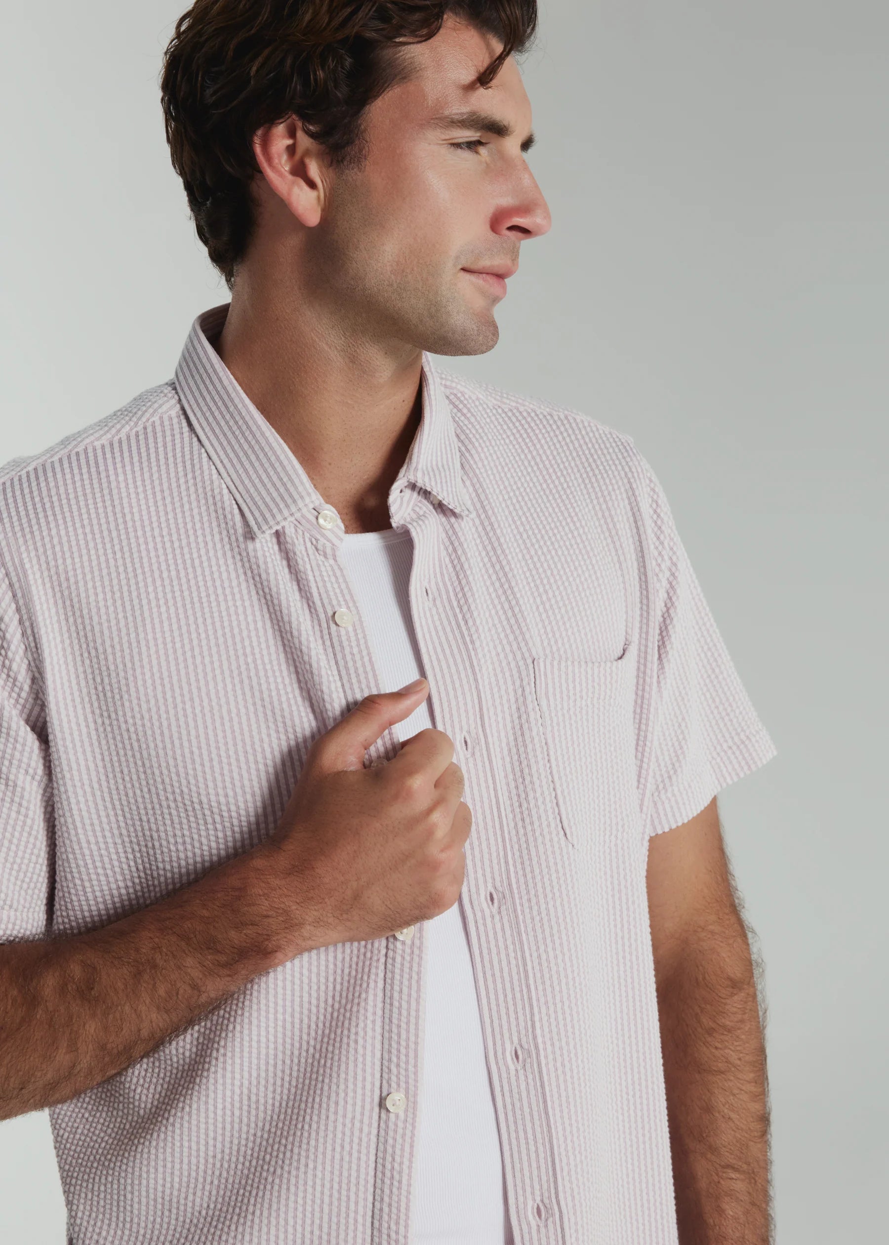 Keaton Seersucker Stretch Short Sleeve Shirt | Stone Rose