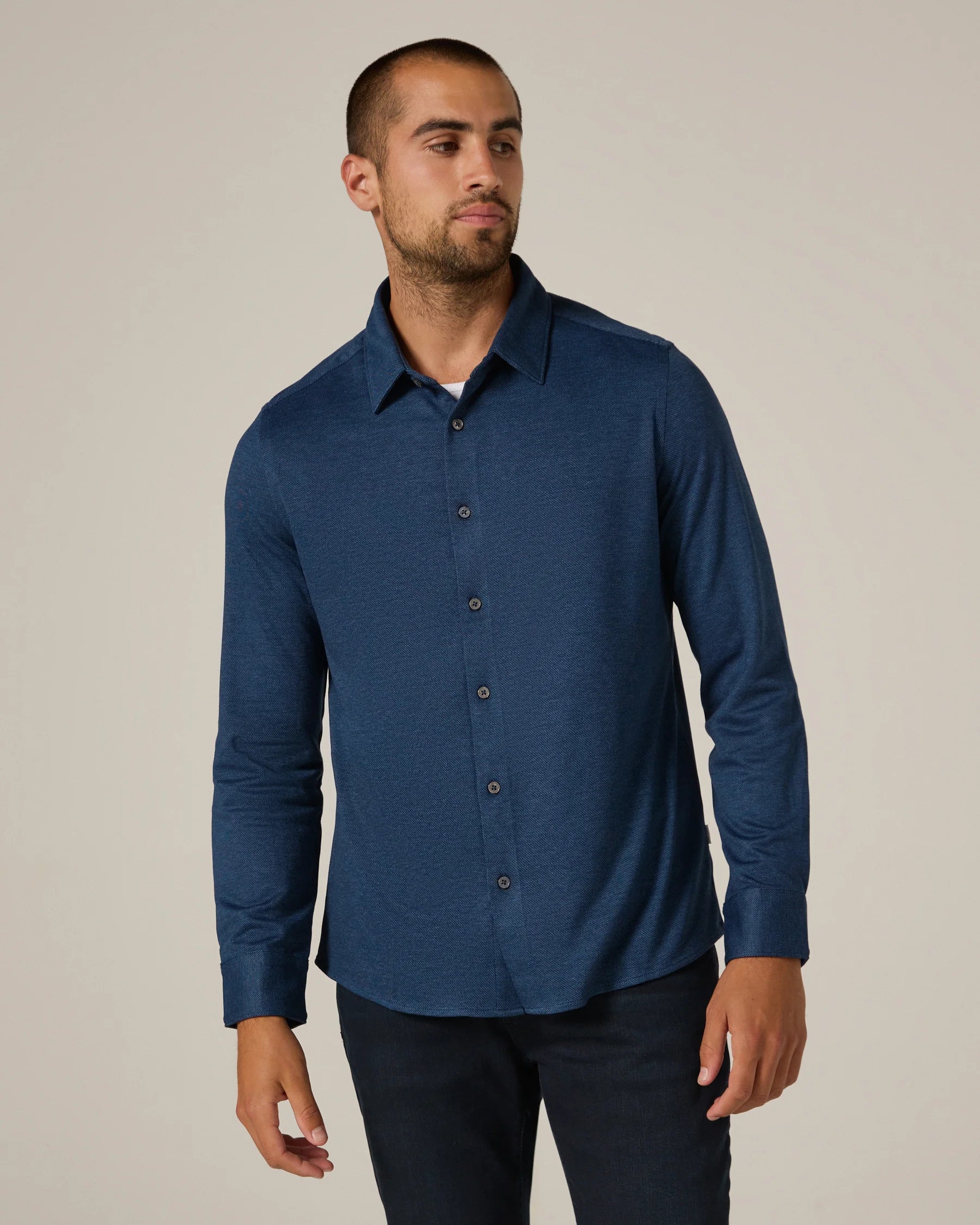 Bowery Textured Knit Long Sleeve Shirt | Navy
