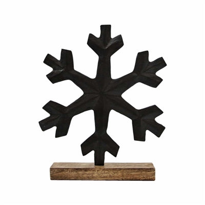 WXI59588 Small Black Metal Snowflake on Dark Wood Stand