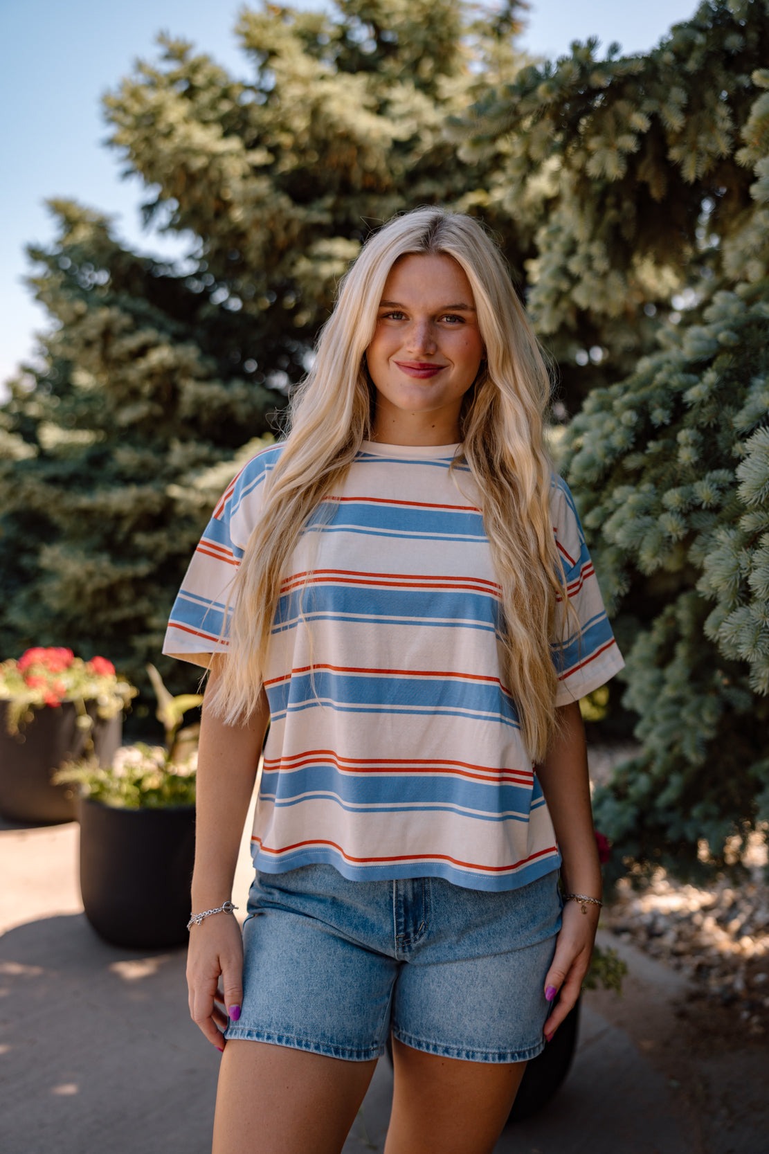 Cassius Striped Tee | Cream Blue