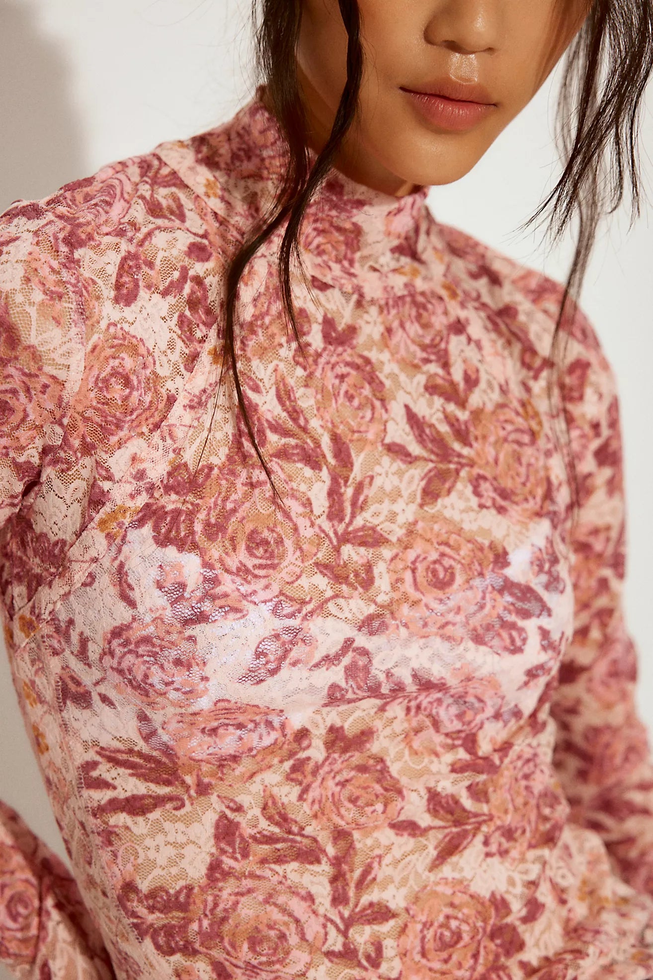 Lyric Sheer Lace Long Sleeve Turtleneck Top | Pink Combo