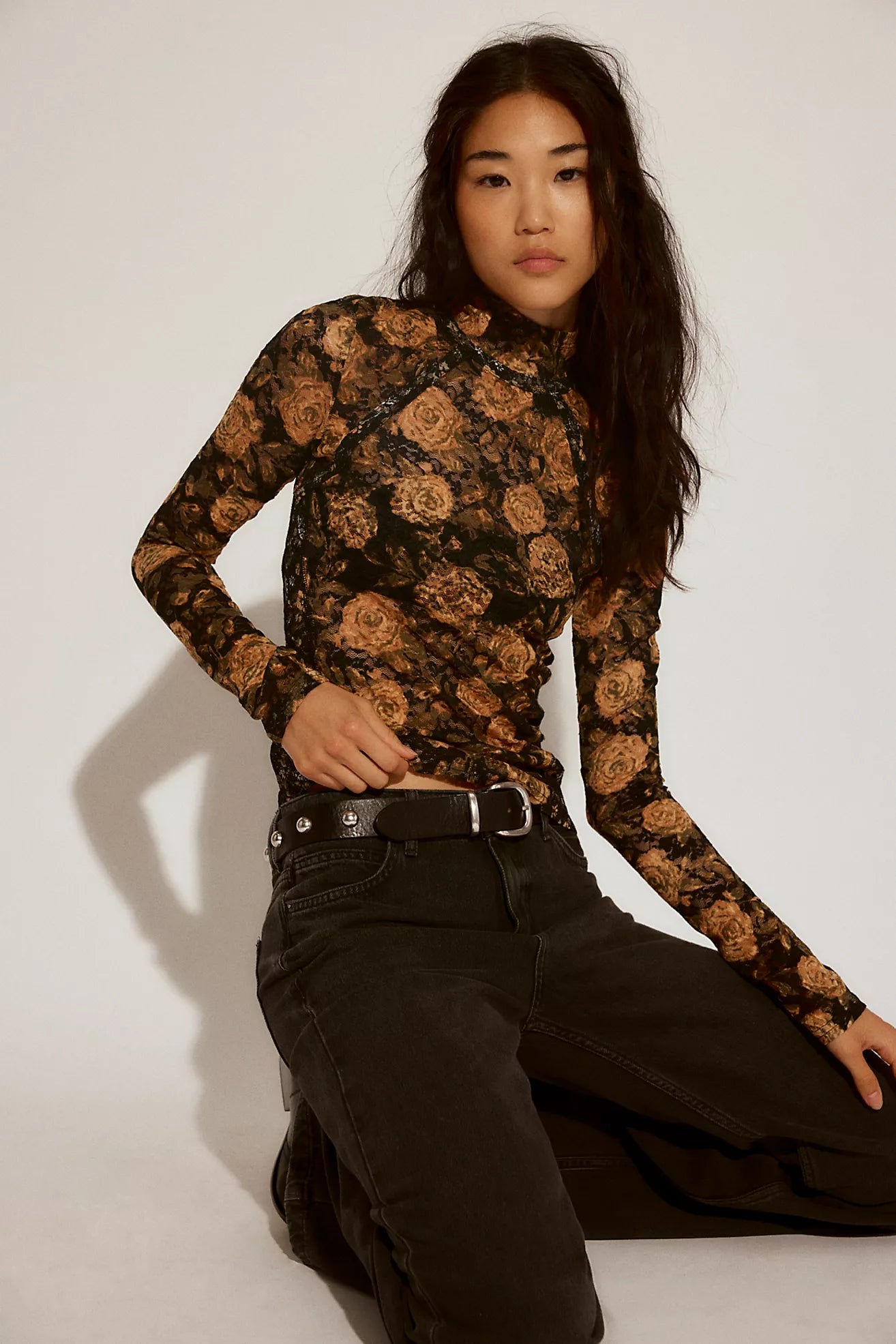 Lyric Sheer Lace Long Sleeve Turtleneck Top | Black Combo
