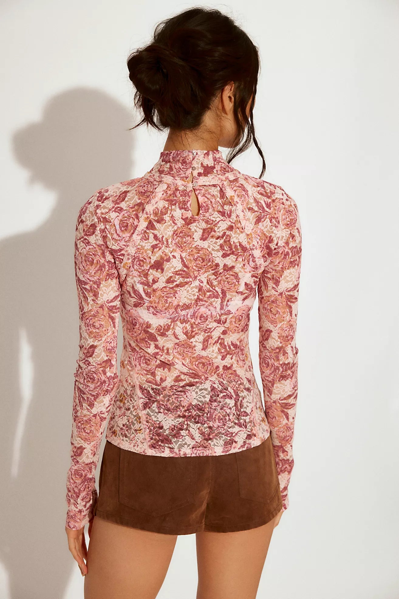 Lyric Sheer Lace Long Sleeve Turtleneck Top | Pink Combo