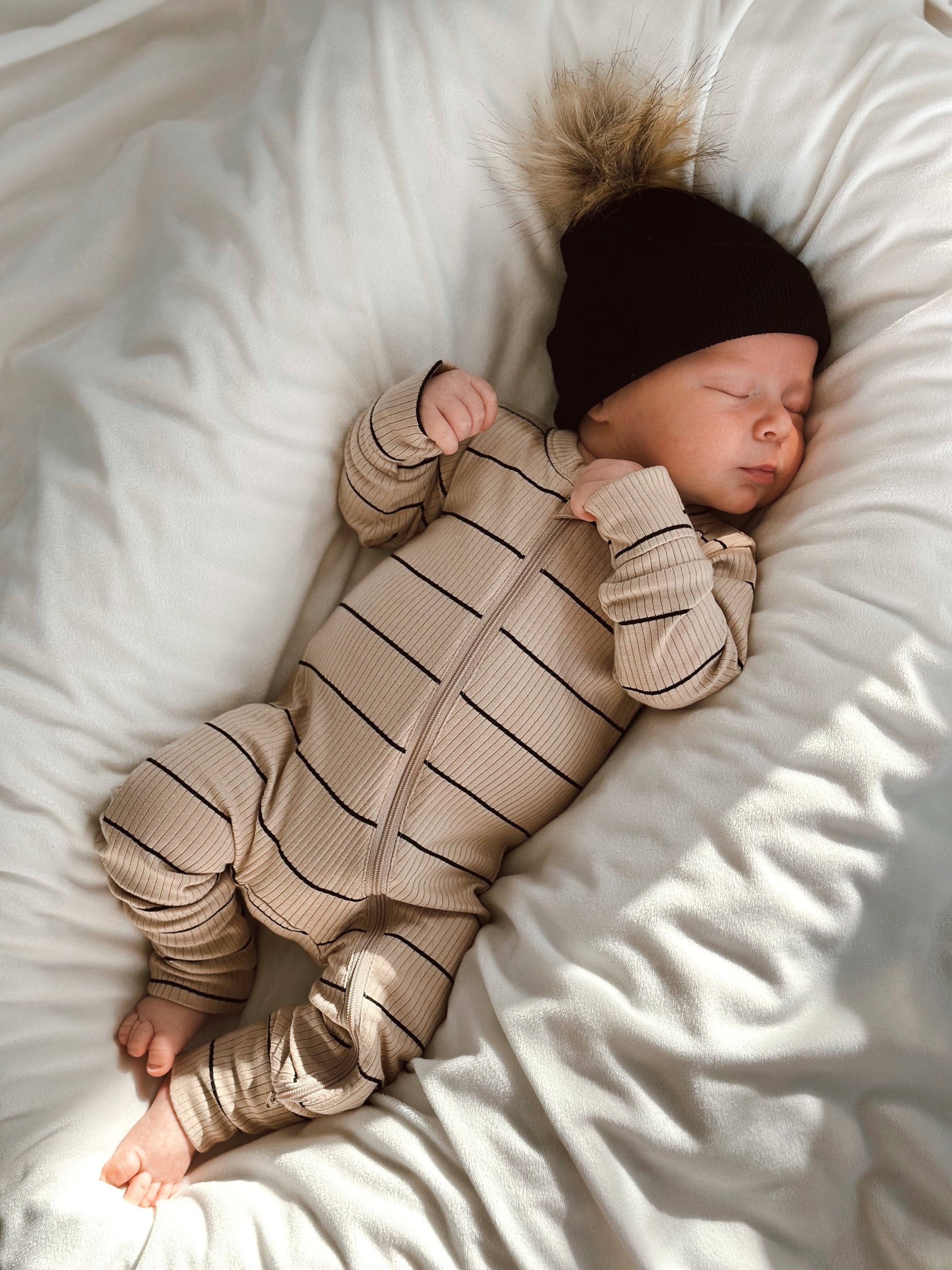 Ribbed 2-Way Zip Romper | Tan/Black Stripe