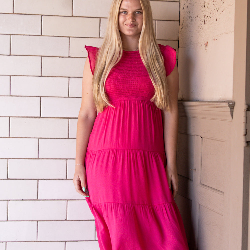 
                      
                        Krysta Smocked Tiered Midi Dress | Fuchsia
                      
                    