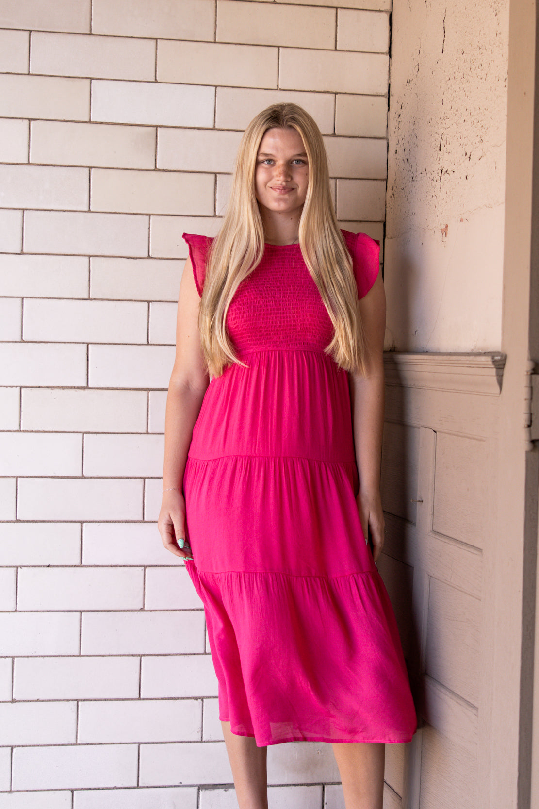 Krysta Smocked Tiered Midi Dress | Fuchsia