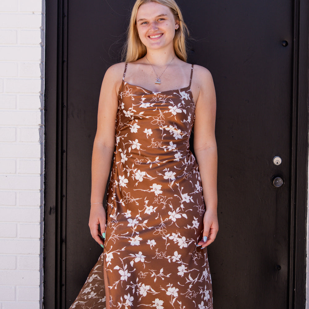 
                      
                        Karlee Floral Cowl Neck Dress | Brown Multi
                      
                    