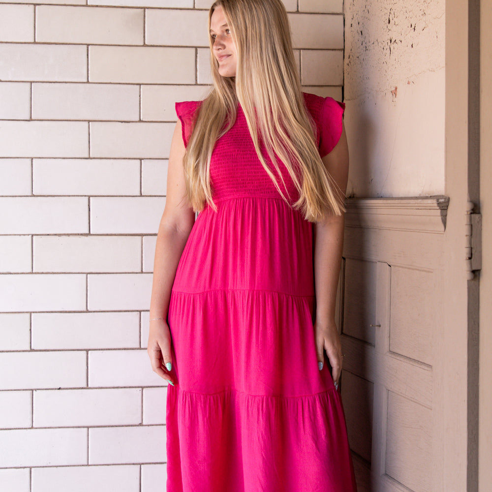 
                      
                        Krysta Smocked Tiered Midi Dress | Fuchsia
                      
                    