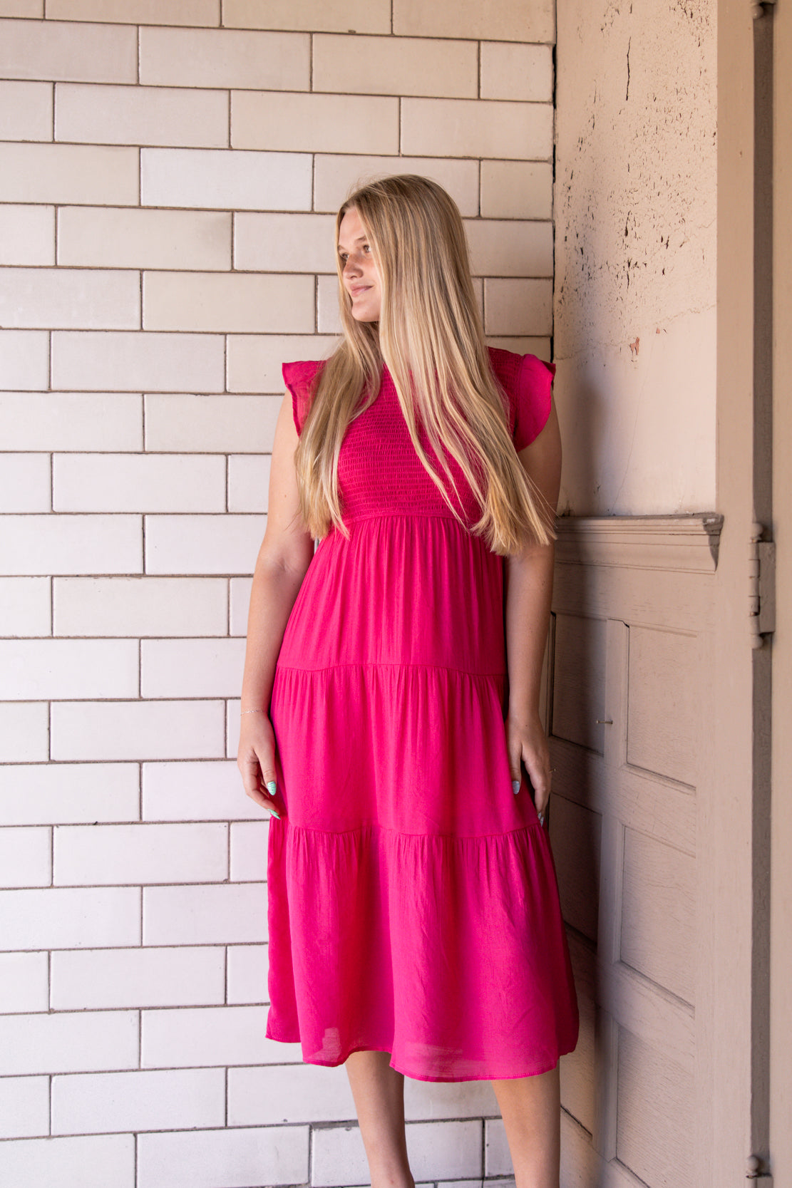 Krysta Smocked Tiered Midi Dress | Fuchsia