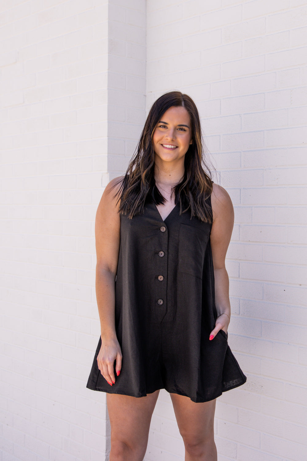 Lennyn Linen Button Down Romper | Black