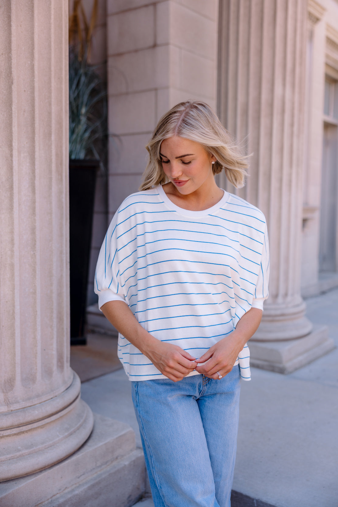 Taylor Striped Dolman Top | Off White/Blue