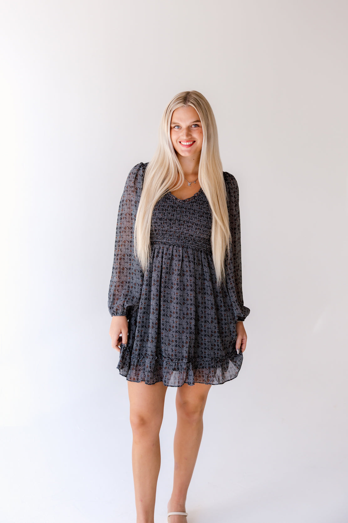 Astrid Printed Smocked Mini Dress | Black