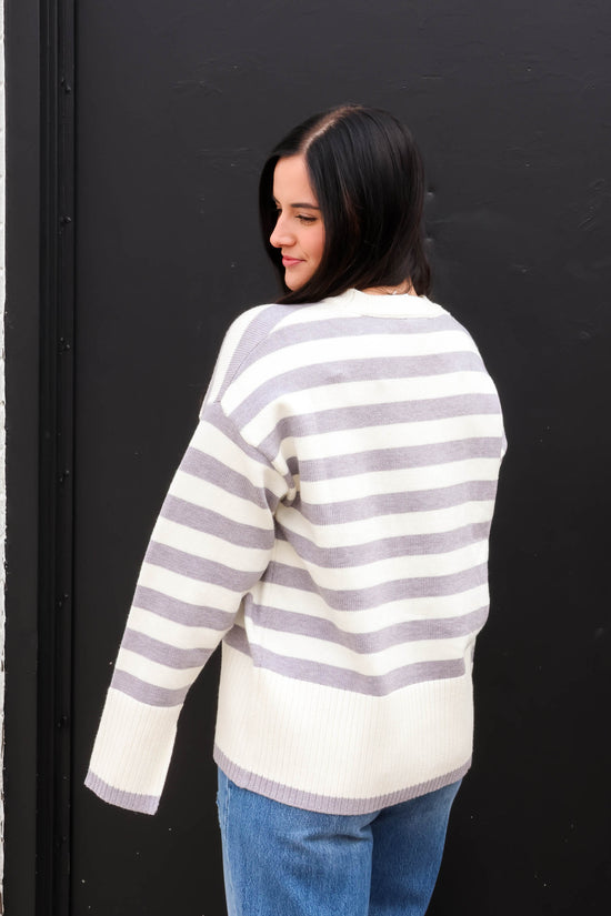 Load image into Gallery viewer, Evie Striped Round Neck Sweater | Cream/Grey

