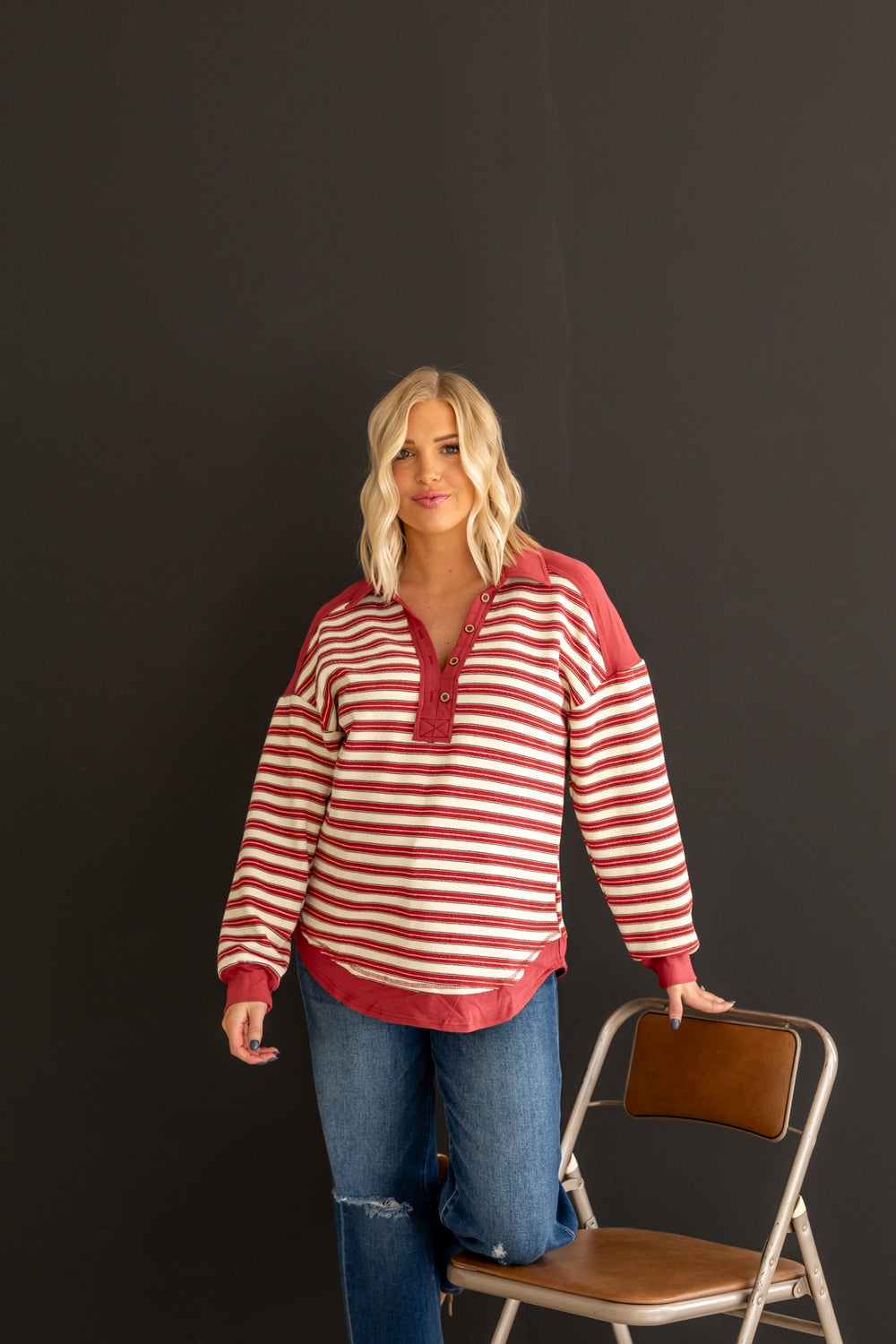 Lainey Half Button Crewneck | Red