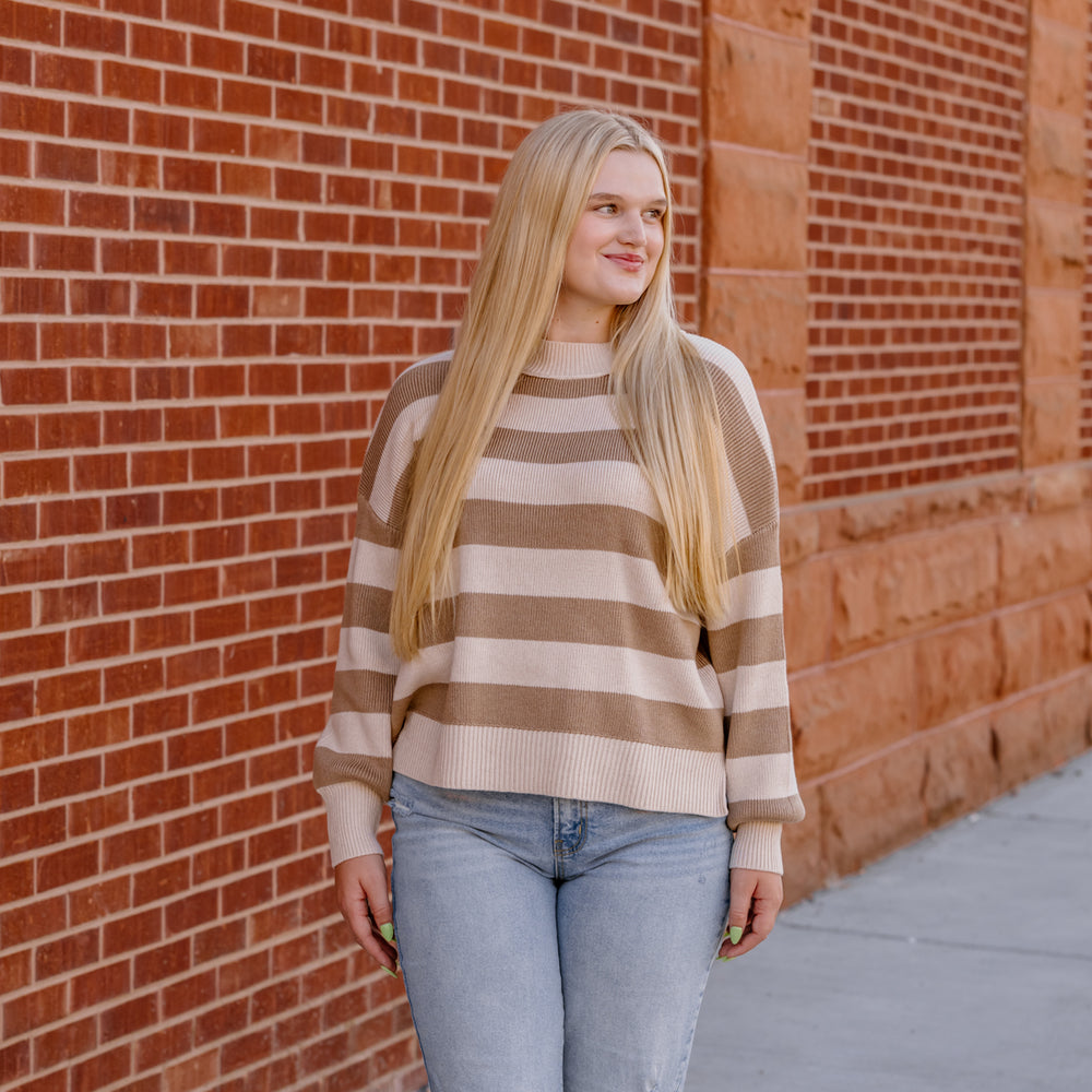 
                      
                        Saige Striped Knit Sweater | Taupe
                      
                    