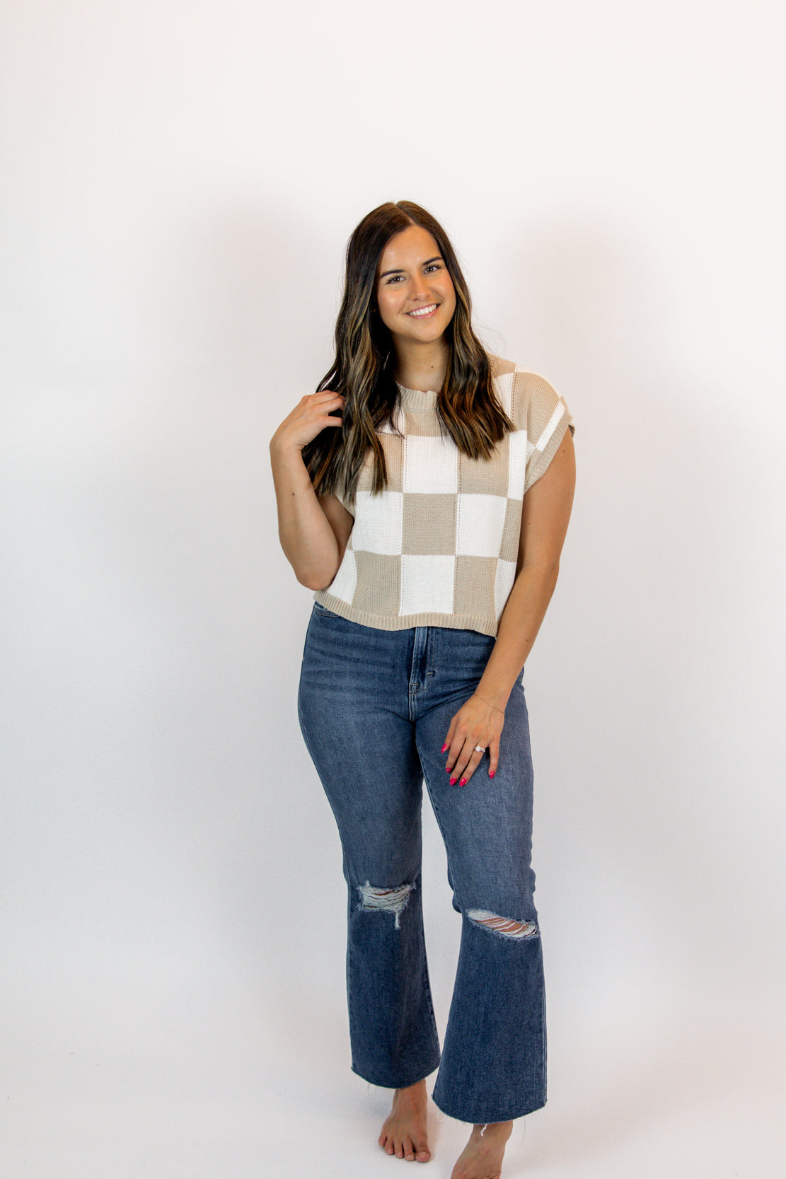 Hannah Checkered Knit Top | Taupe