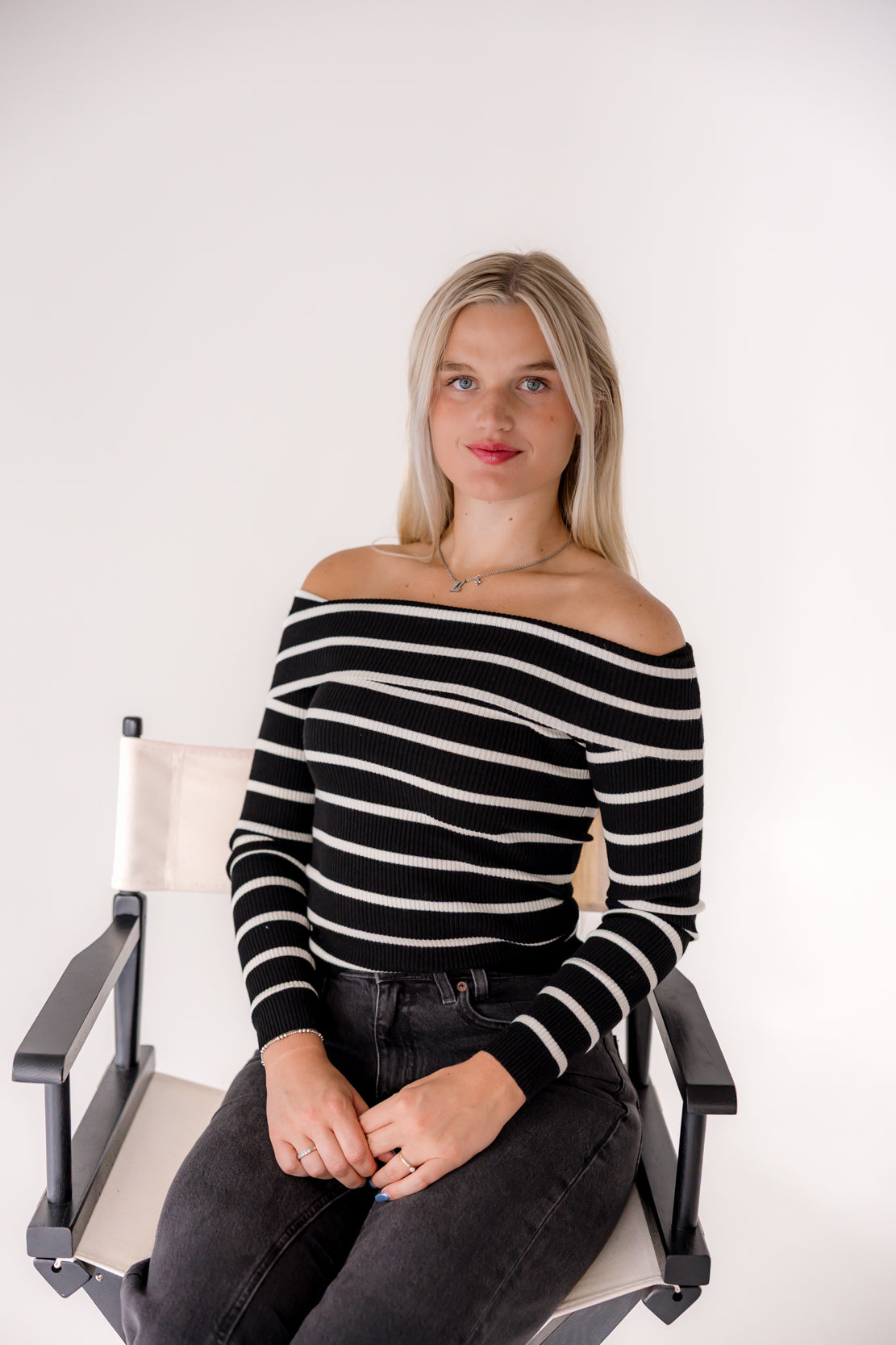 Iris Striped Off The Shoulder Top | Black/Cream