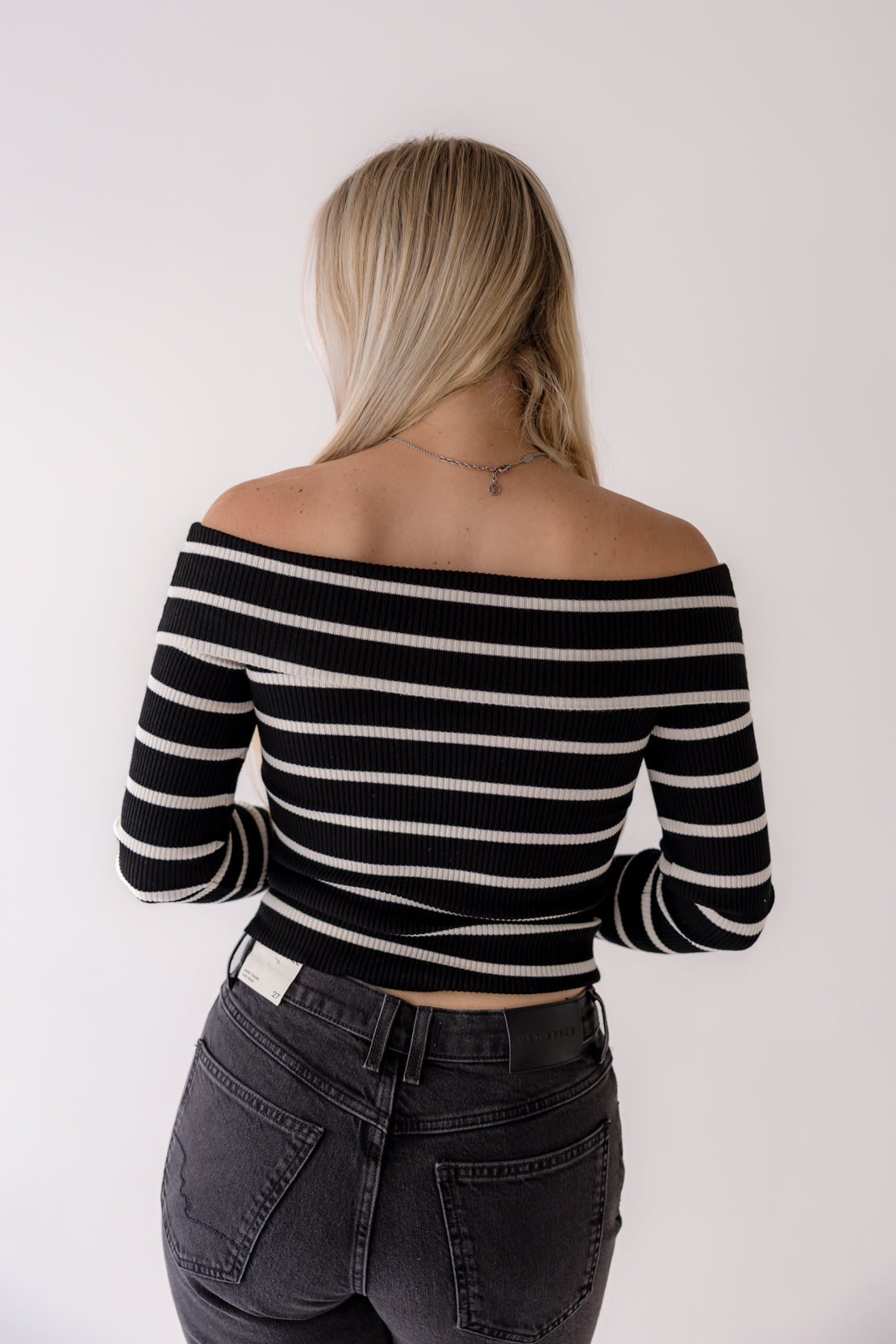 Iris Striped Off The Shoulder Top | Black/Cream