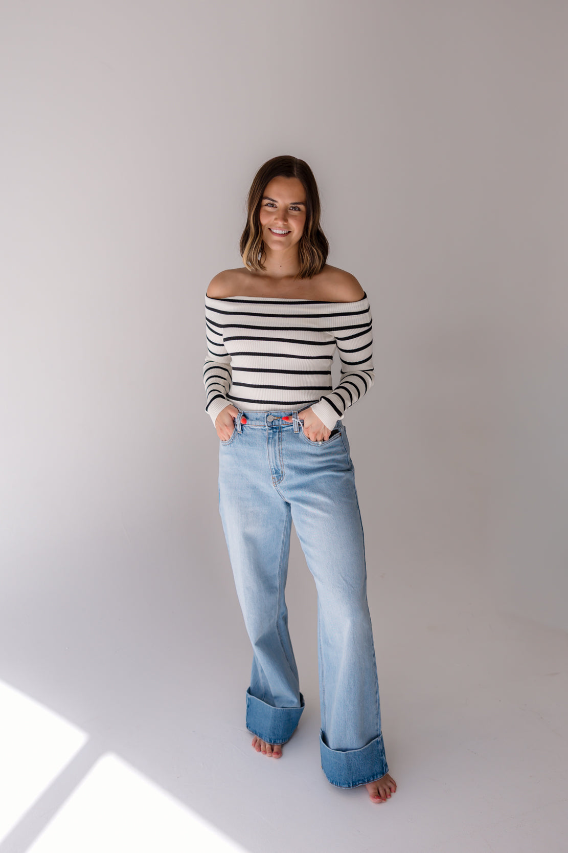 Iris Striped Off The Shoulder Top | Cream/Black