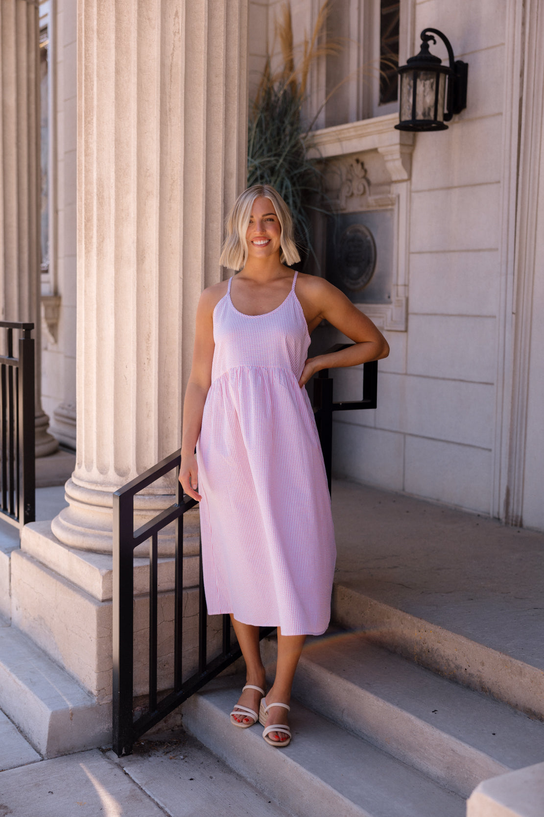 Abby Striped Babydoll Midi Dress | Fuchsia
