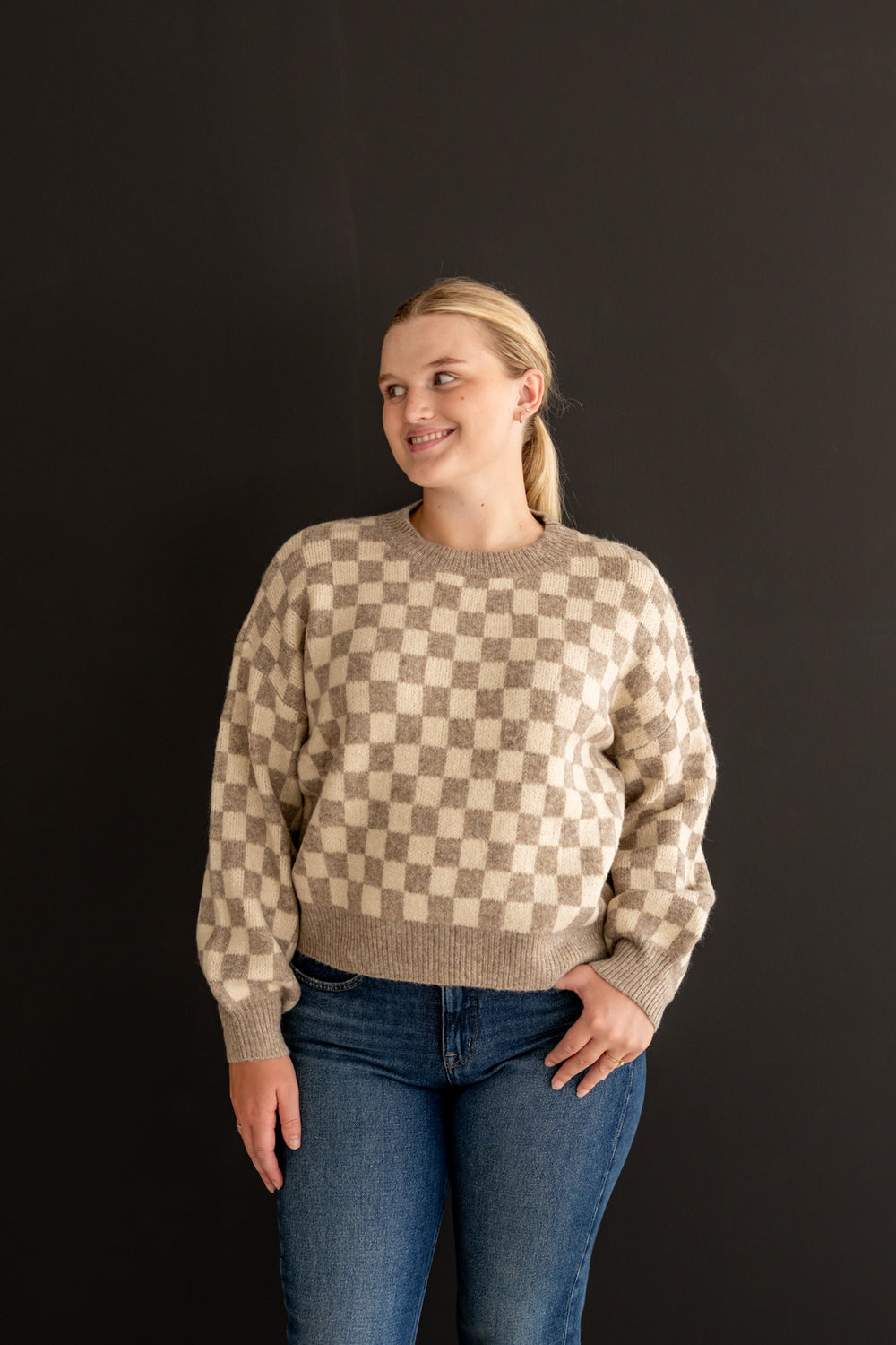 Lisa Checkered Knit Sweater | Oatmeal