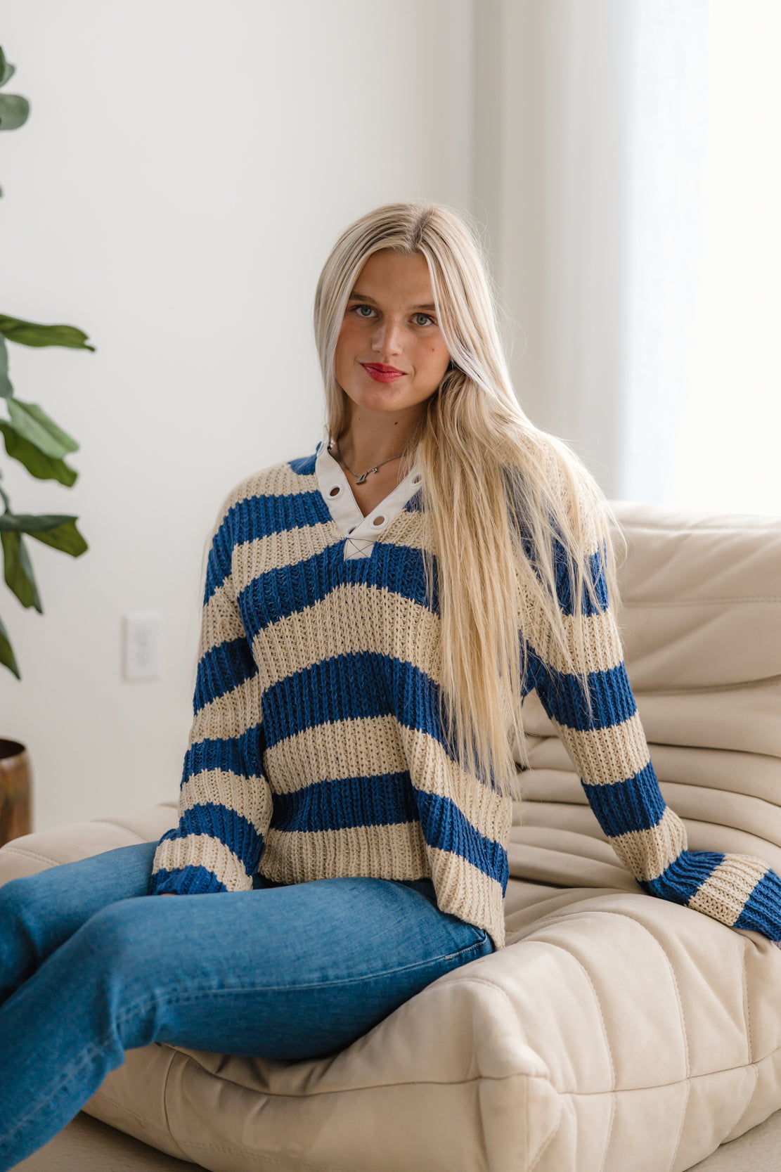 Brandi Striped Crochet Sweater | Ecru/Navy