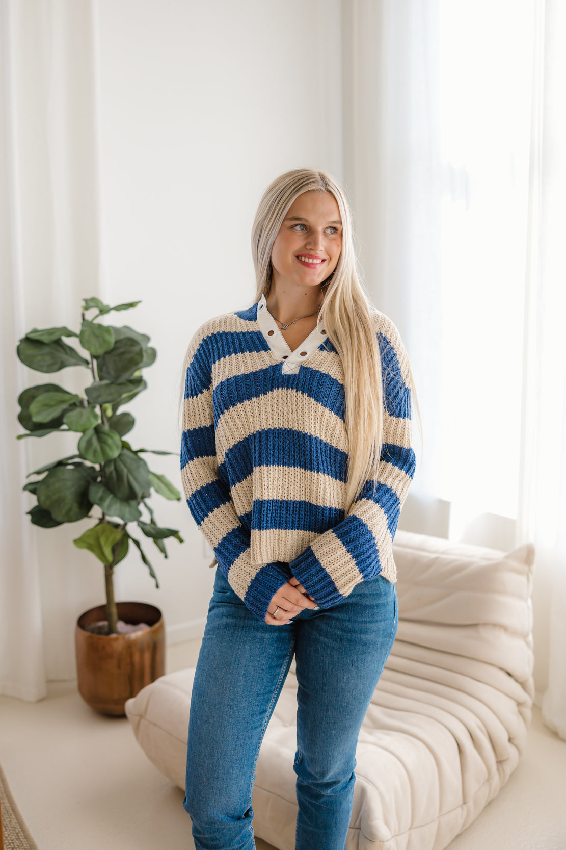 Brandi Striped Crochet Sweater | Ecru/Navy – The Vault Clothing Co.
