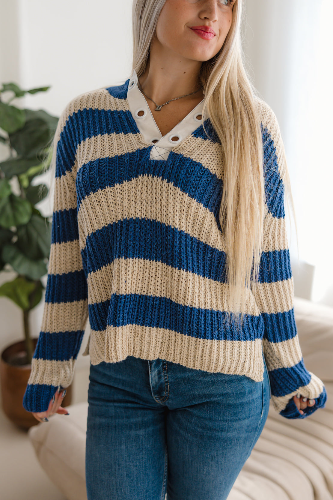Brandi Striped Crochet Sweater | Ecru/Navy
