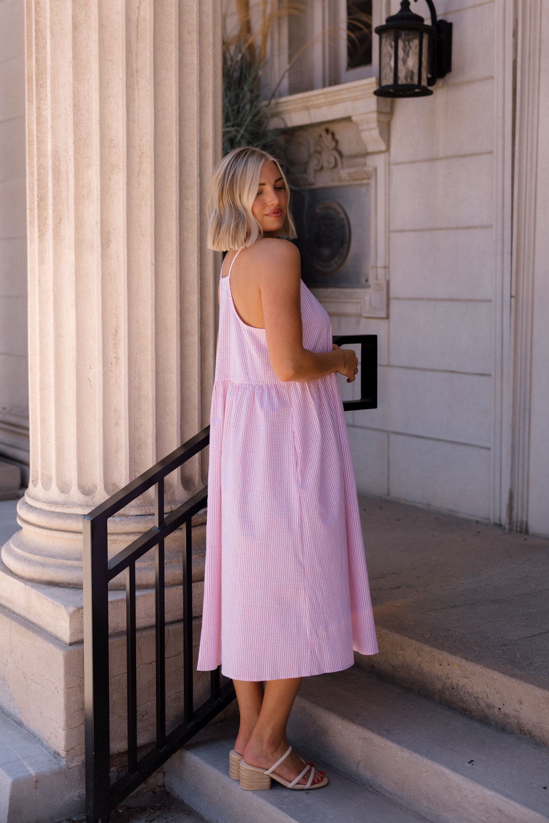 Abby Striped Babydoll Midi Dress | Fuchsia