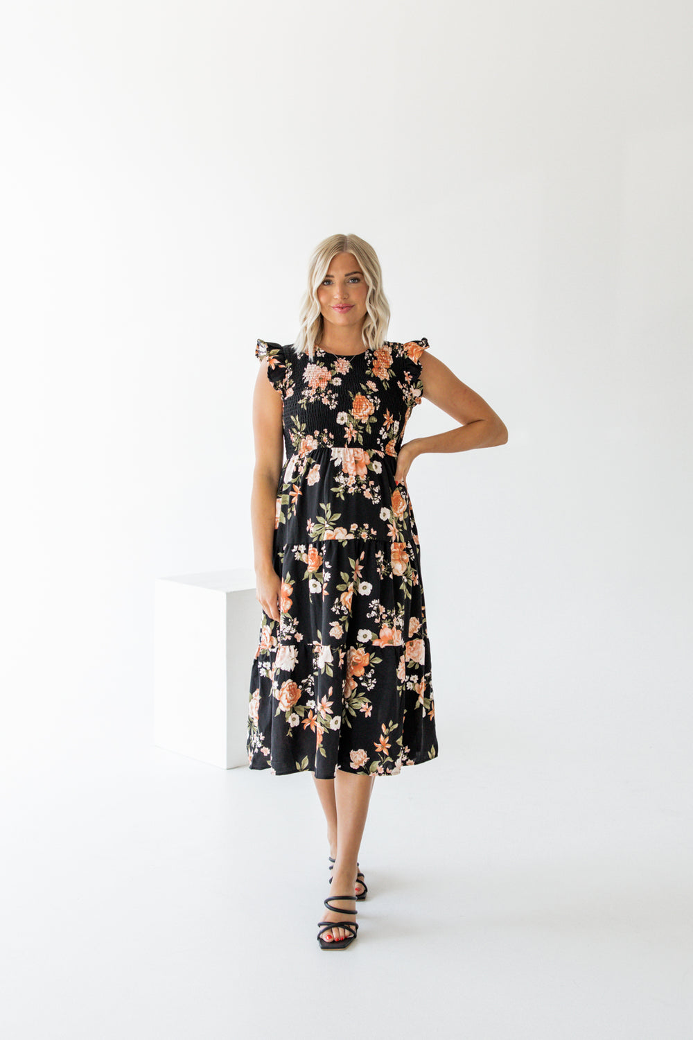 Brynn Smocked Floral Midi Dress | Black Multi