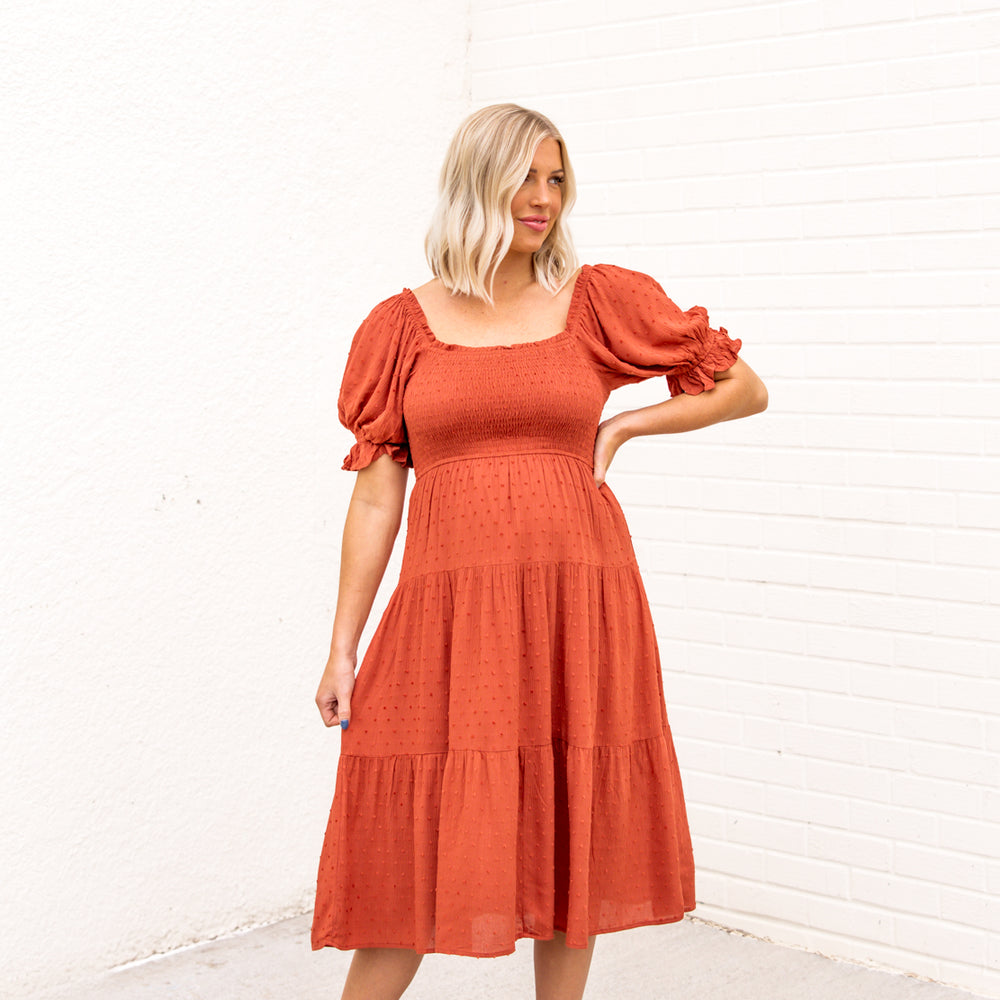 Jasmine Swiss Dot Midi Dress | Rust