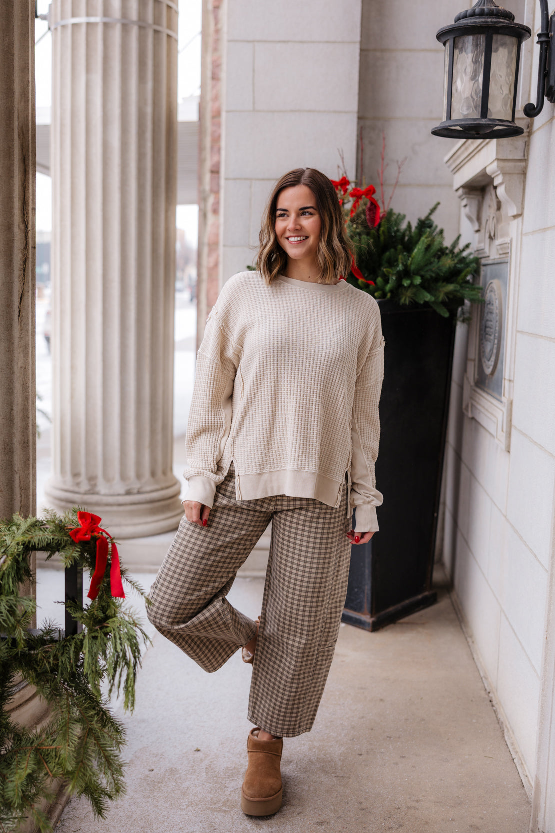 Nelly Mini Checkered Barrel Pants | Tan/Brown