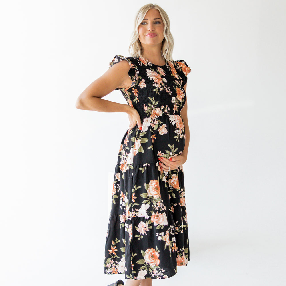 
                      
                        Brynn Smocked Floral Midi Dress | Black Multi
                      
                    