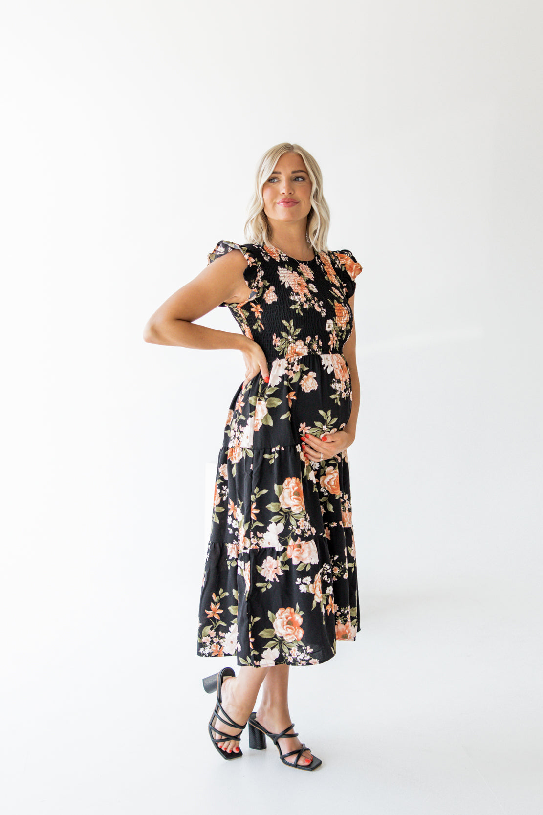 Brynn Smocked Floral Midi Dress | Black Multi