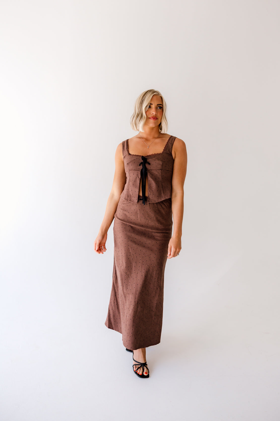 Rory Polka Dot Midi Skirt Set | Brown