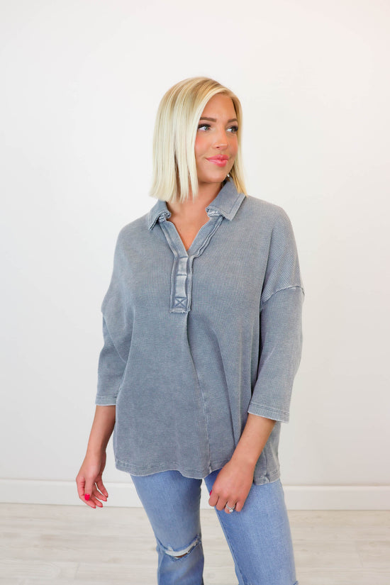 Danelle Half Button Shirt | Denim Blue