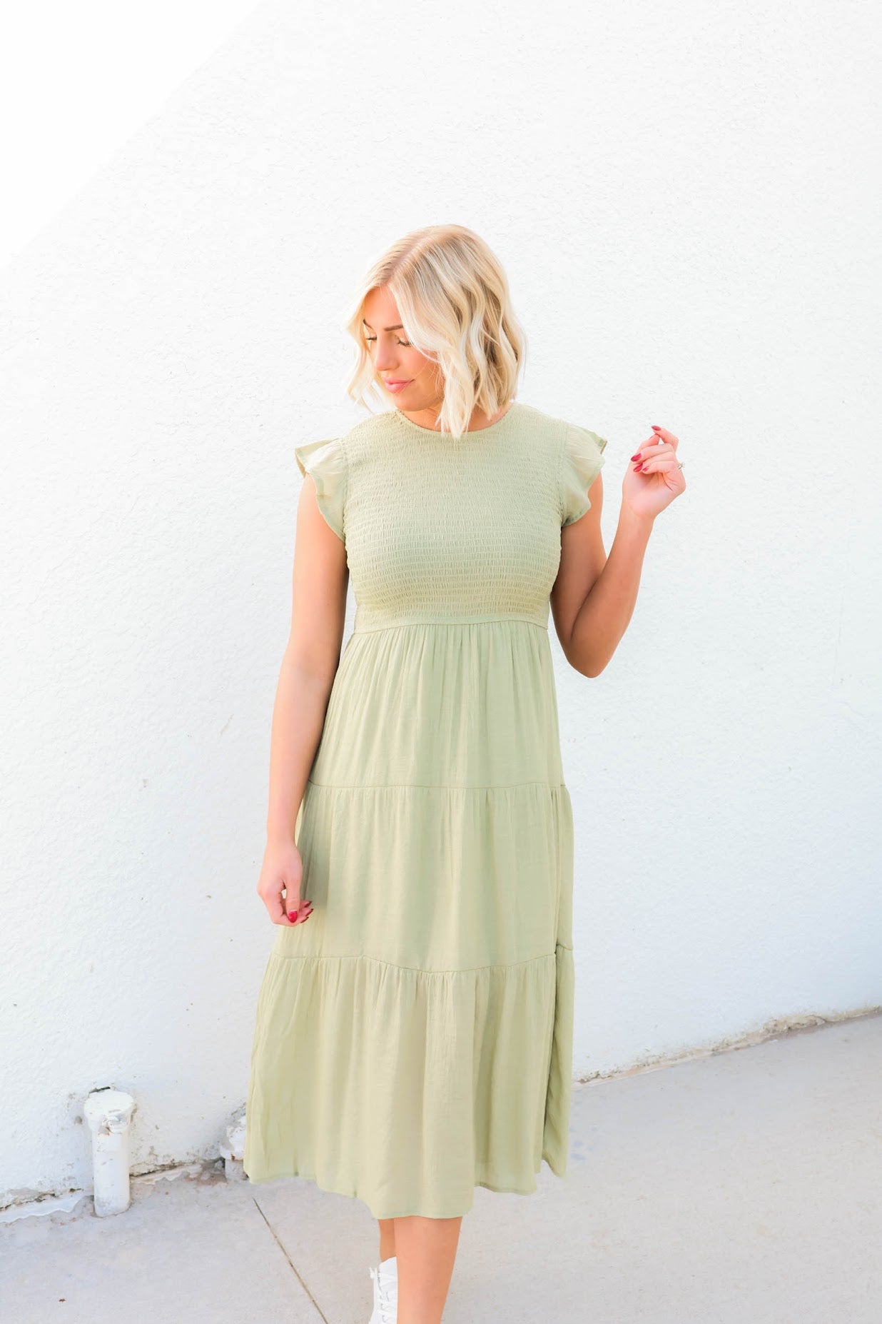 Krysta Smocked Tiered Midi Dress | Light Olive