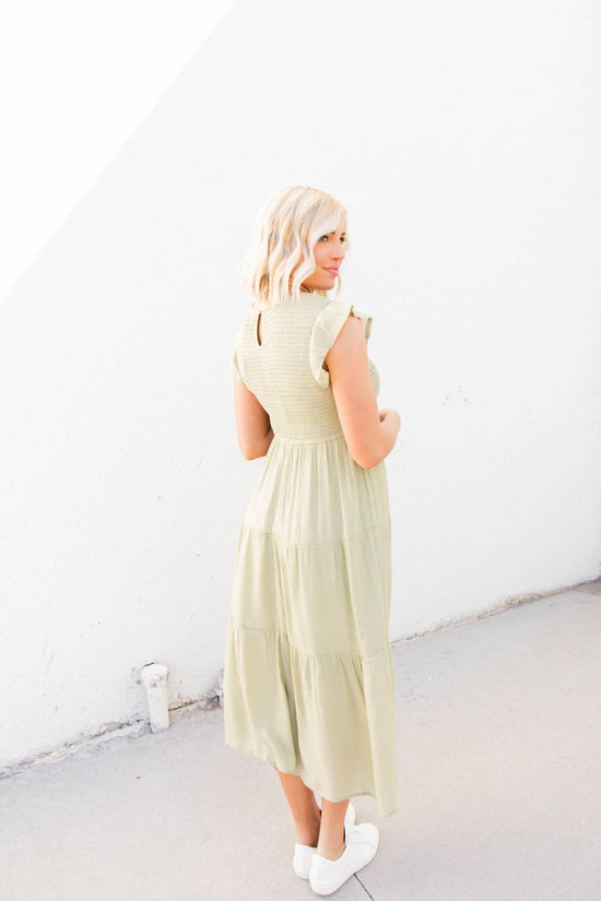 Krysta Smocked Tiered Midi Dress | Light Olive