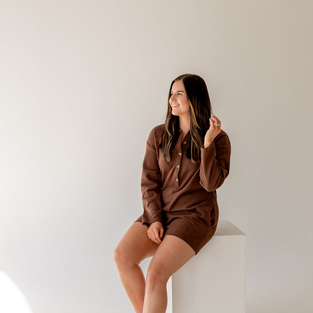 
                      
                        Elle Knit Button Up Romper | Chocolate
                      
                    