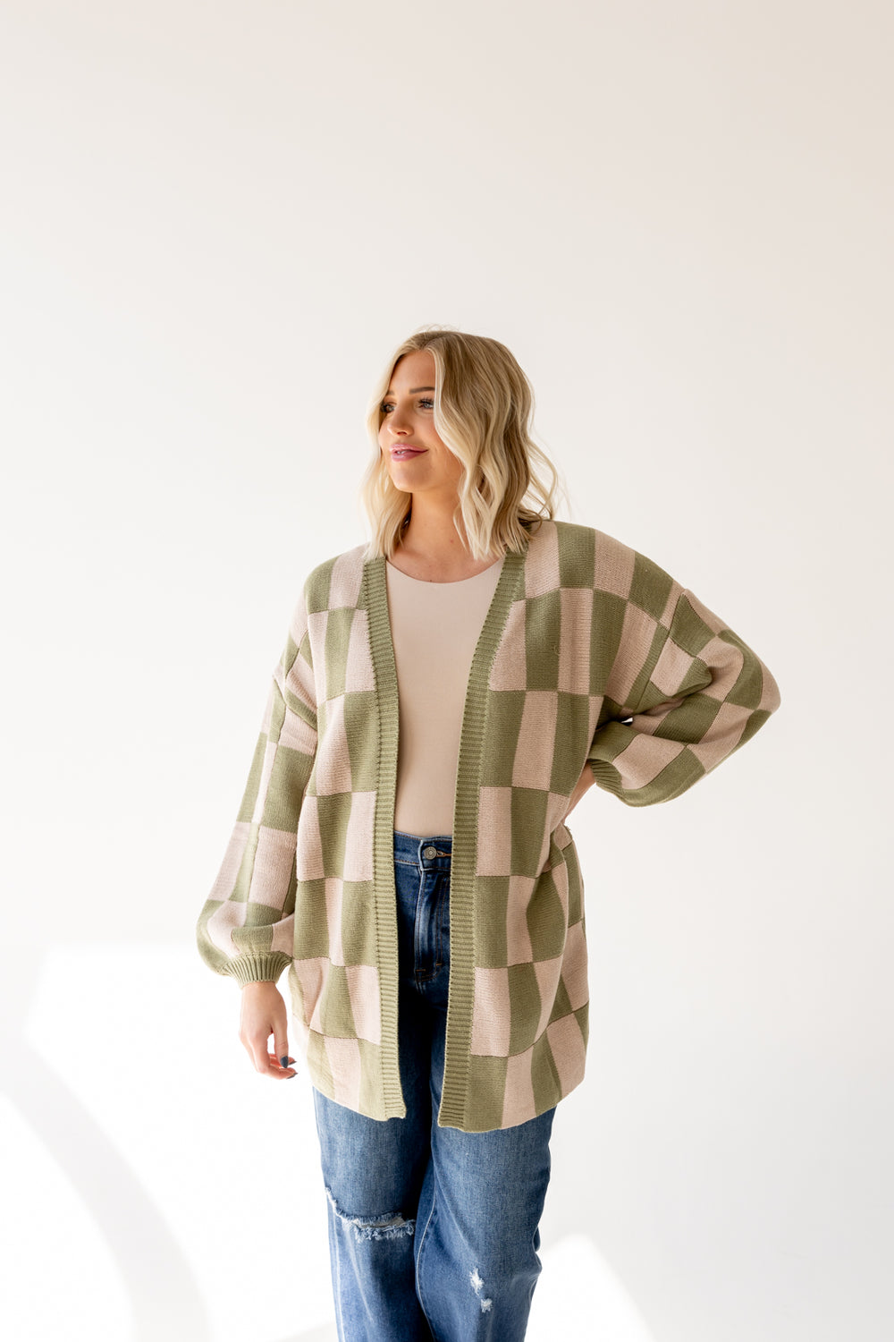 Kendra Checkered Cardigan | Olive/Beige