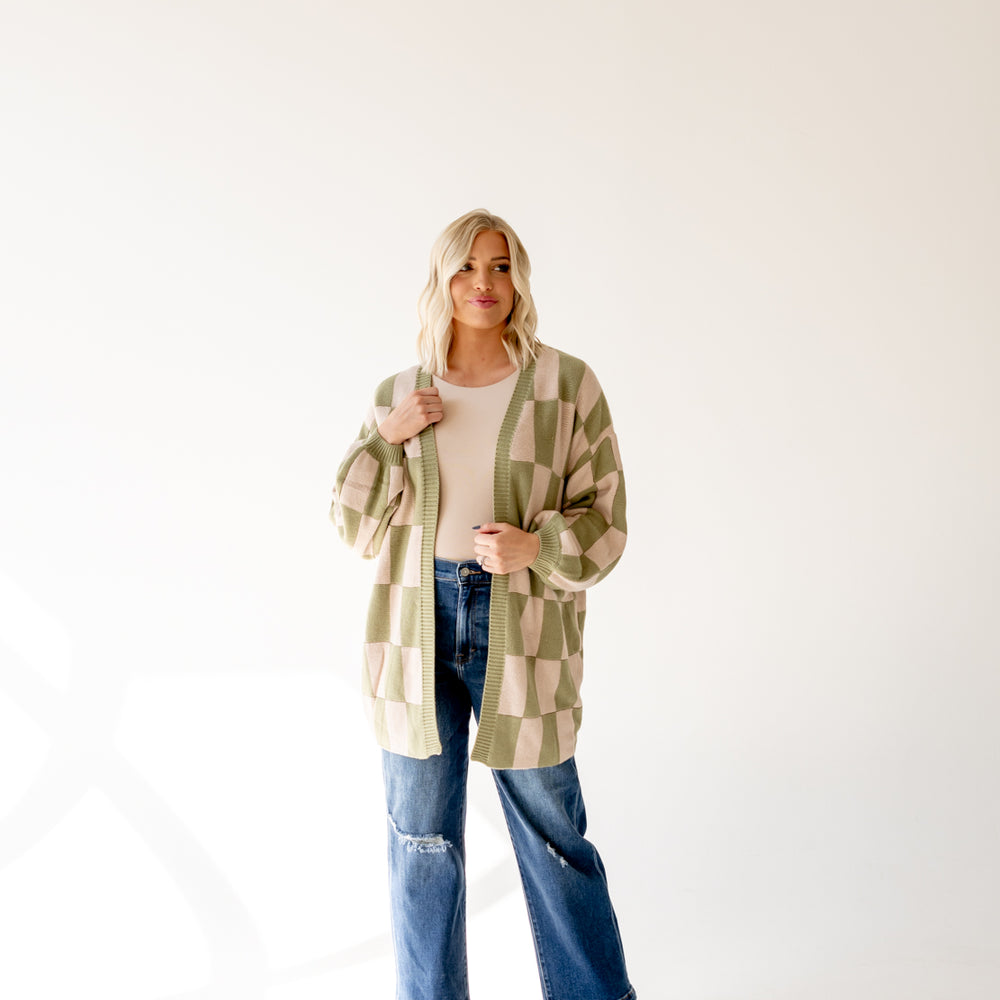 Kendra Checkered Cardigan | Olive/Beige